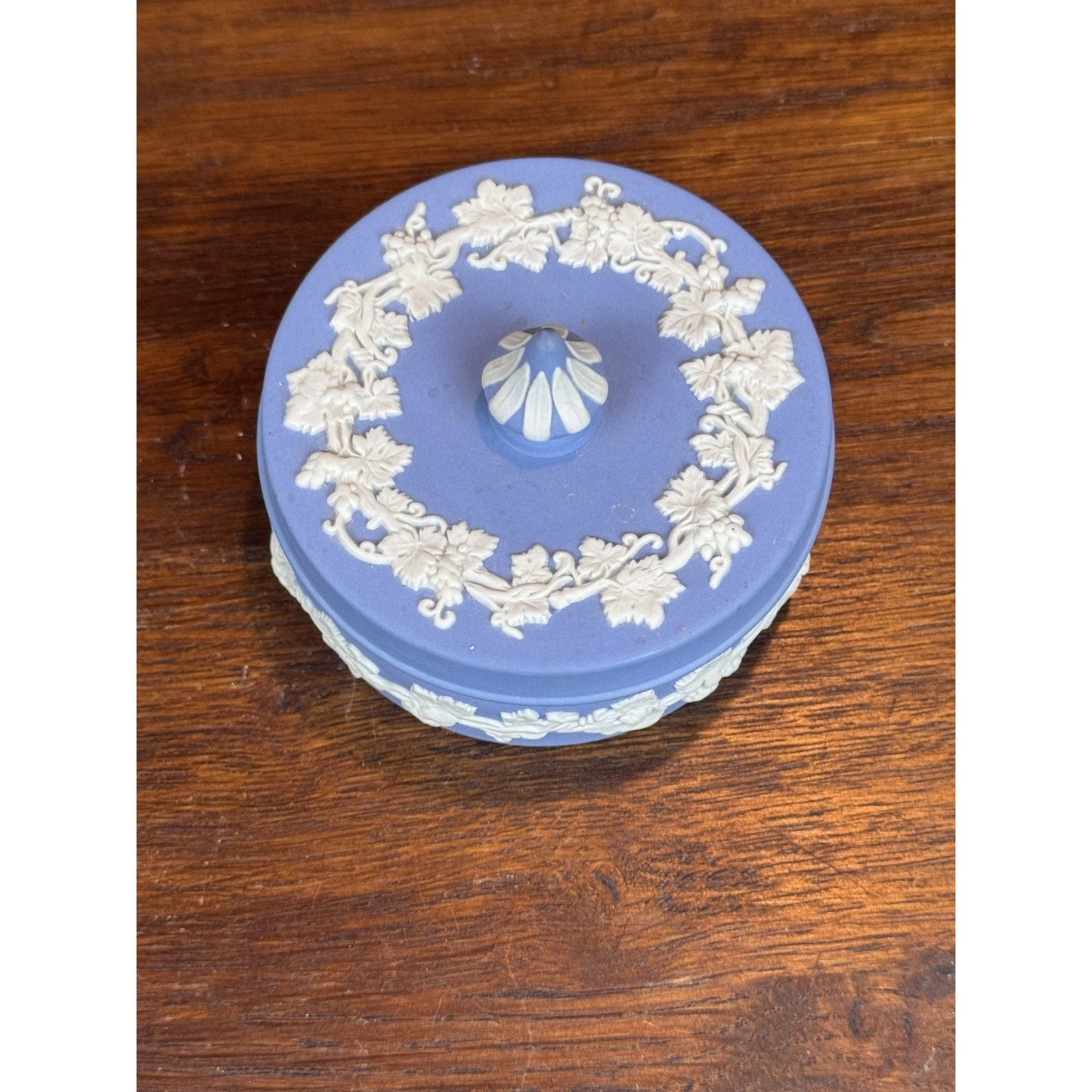 Vintage Wedgwood Jasperware Blue Lidded Trinket Box Grape Vine 3”