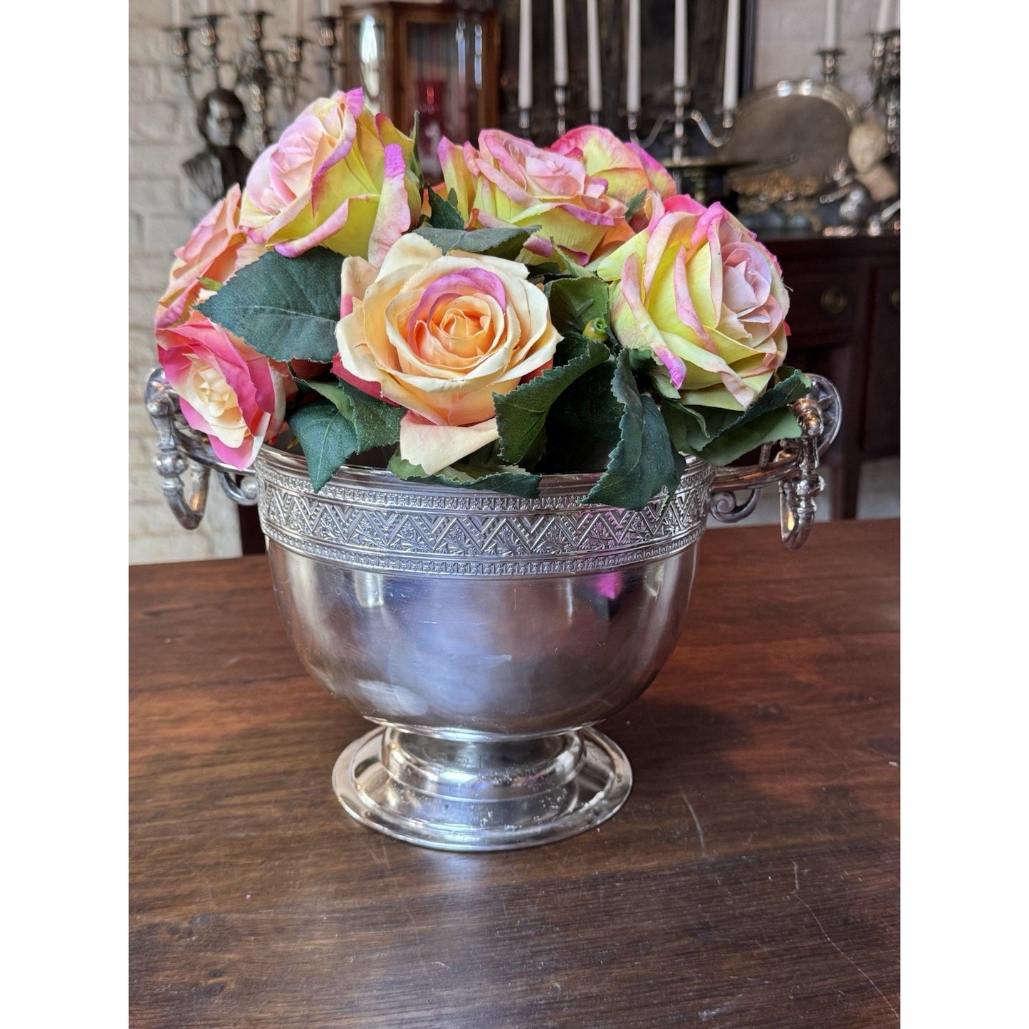 Antique Silver-plate Wine Cooler Champagne Bucket Neoclassical Footed Urn Planter Handles 13.25”