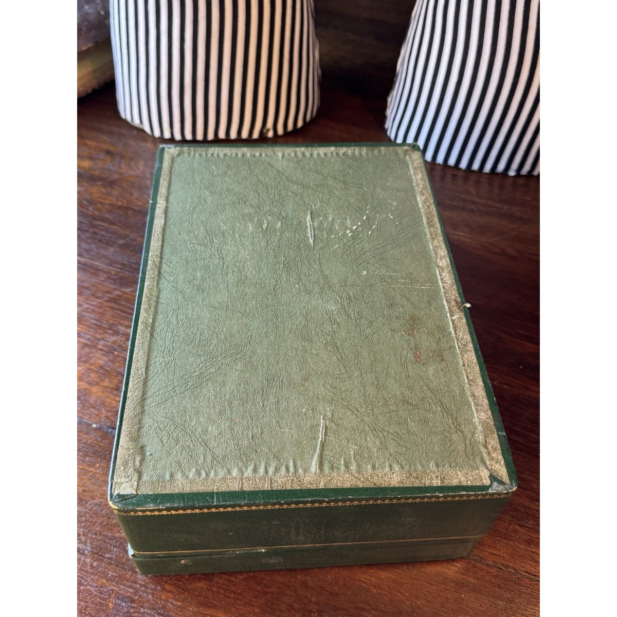 Vintage Green Jewelry Box Gold Scrollwork Pink Velvet Swing Trays 10.25”