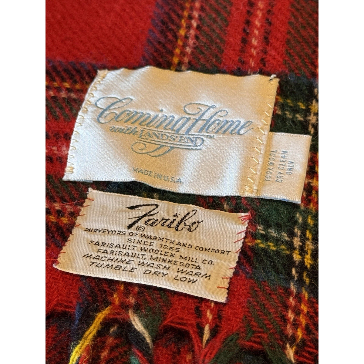 Pure Wool Plaid Throw Blanket Faribo Lands End Red Tartan Fringe 66” X 52” Vintage