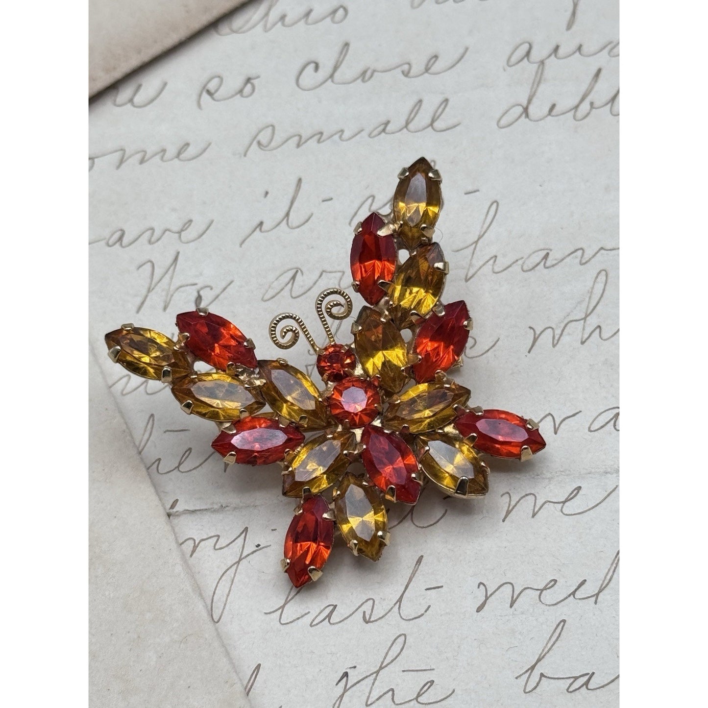 Park Lane Butterfly Brooch Rhinestone Burnt Orange Gold Signed 1.5” VINTAGE