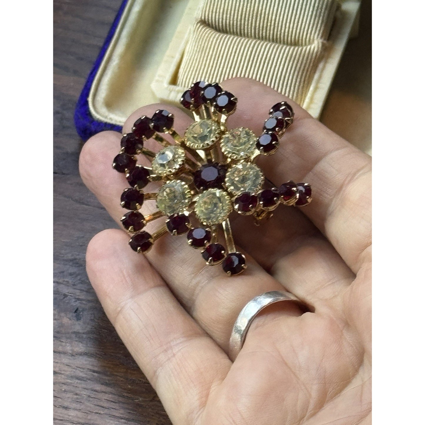 Vintage Brooch 2” Red Clear Rhinestone Goldtone Atomic Starburst Statement Pin