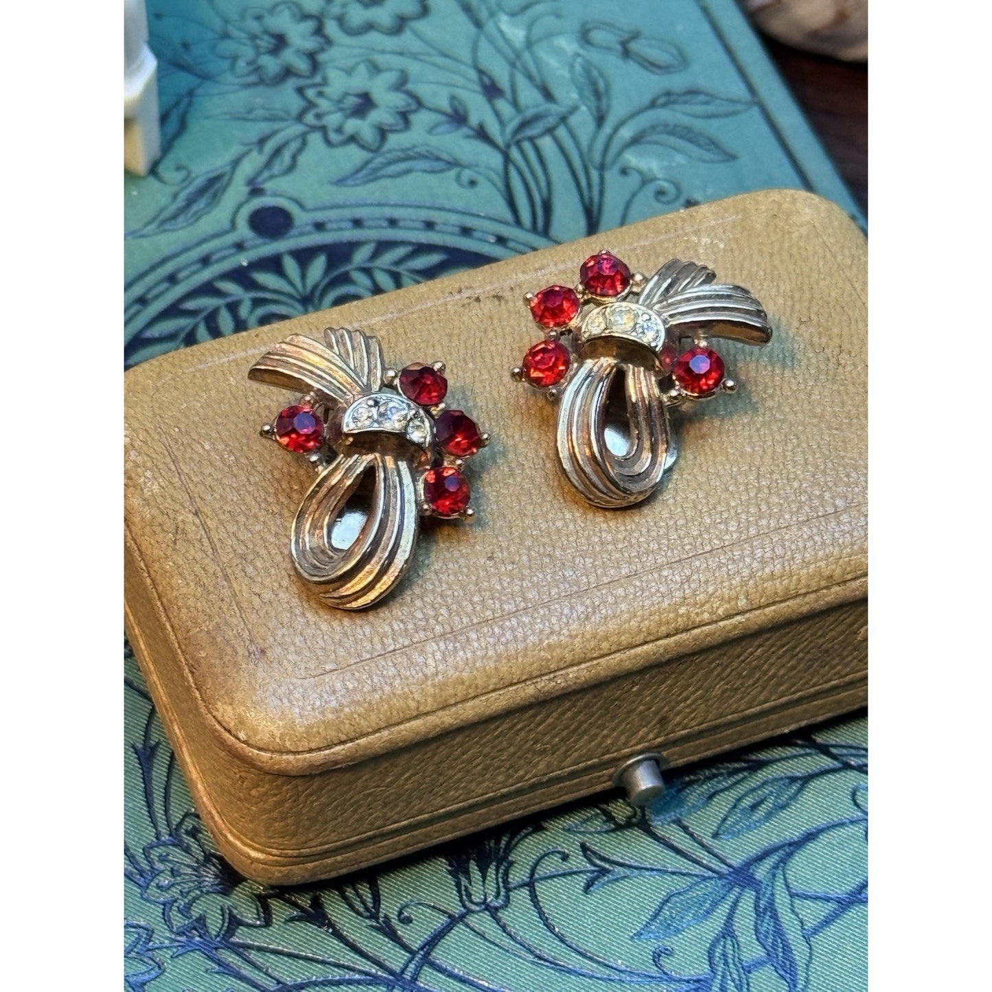 Vintage Ribbon Clip-On Earrings Rose Goldtone Red Clear Rhinestones 1”