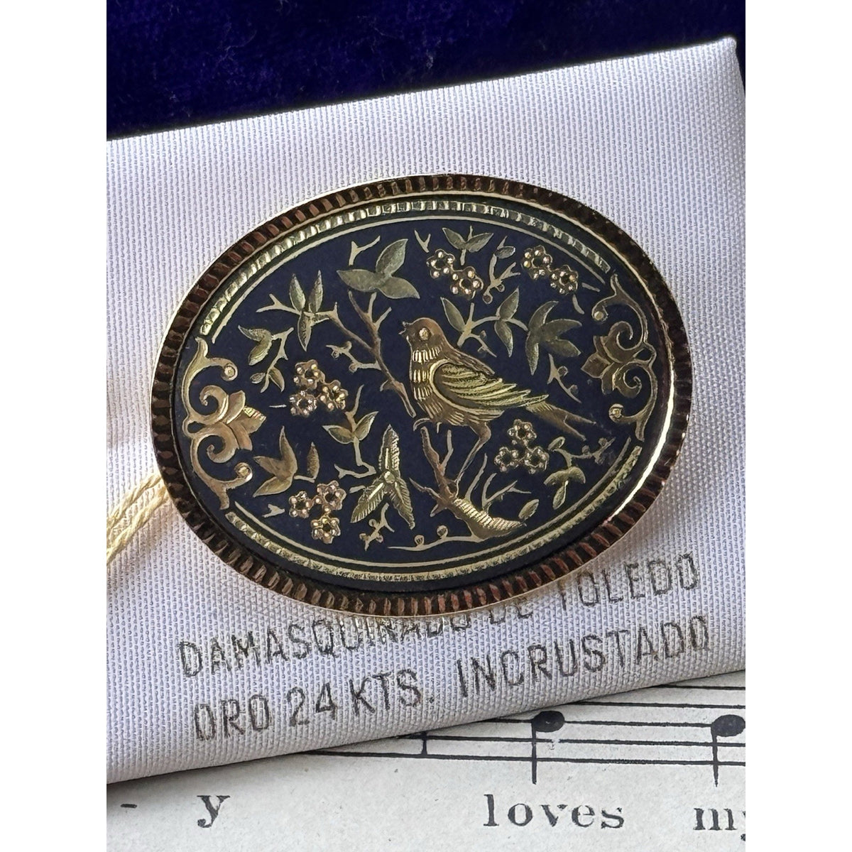Toledo Damascene Bird Brooch 24K 18K Gold Inlay Spain 1.5”