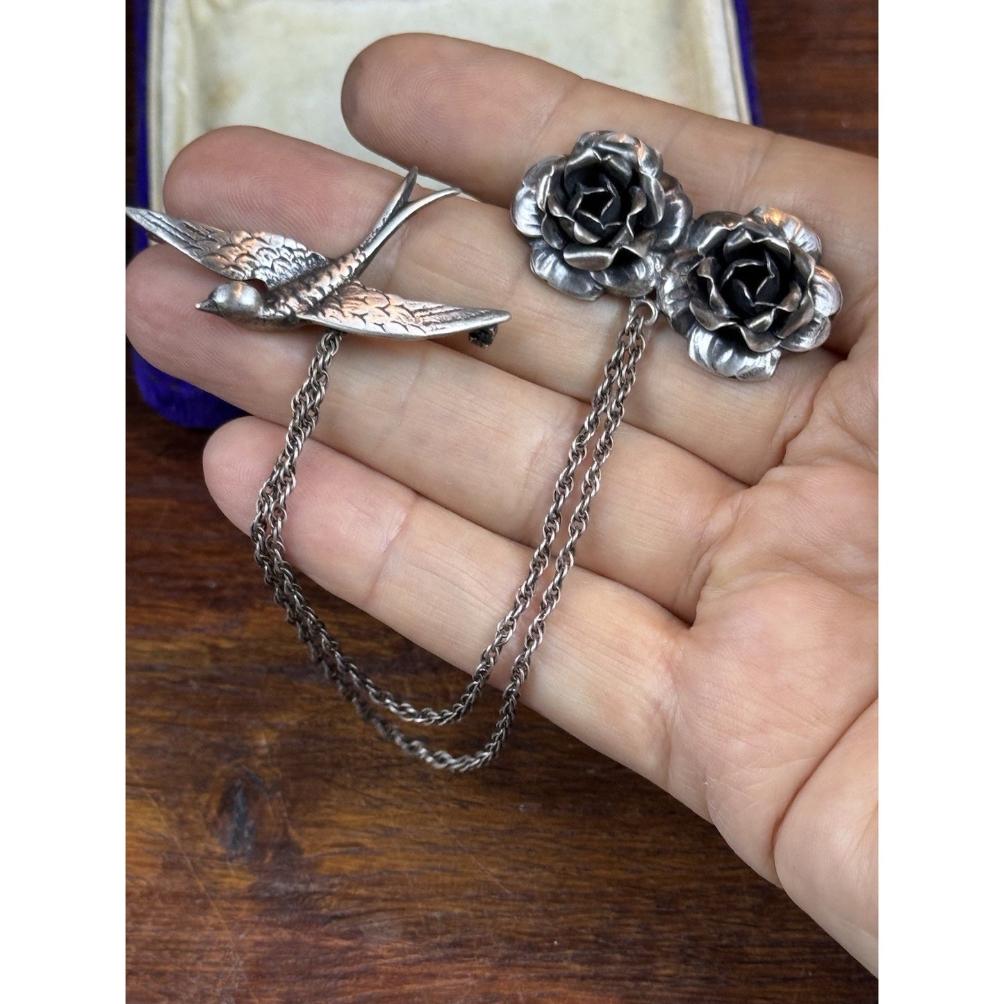 Vintage Sterling Silver Chatelaine Brooch Swallow Roses Double Chain 5.25”