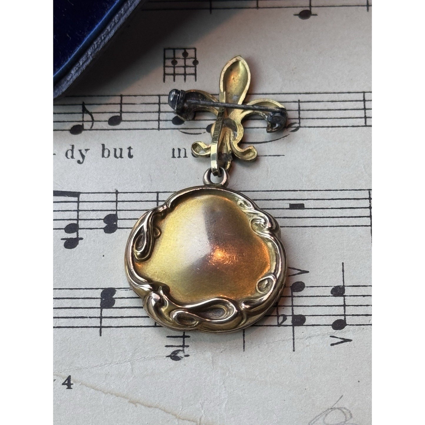 Antique Gold-Filled Locket Fleur De Lys Brooch Pin Monogram Photo 1”