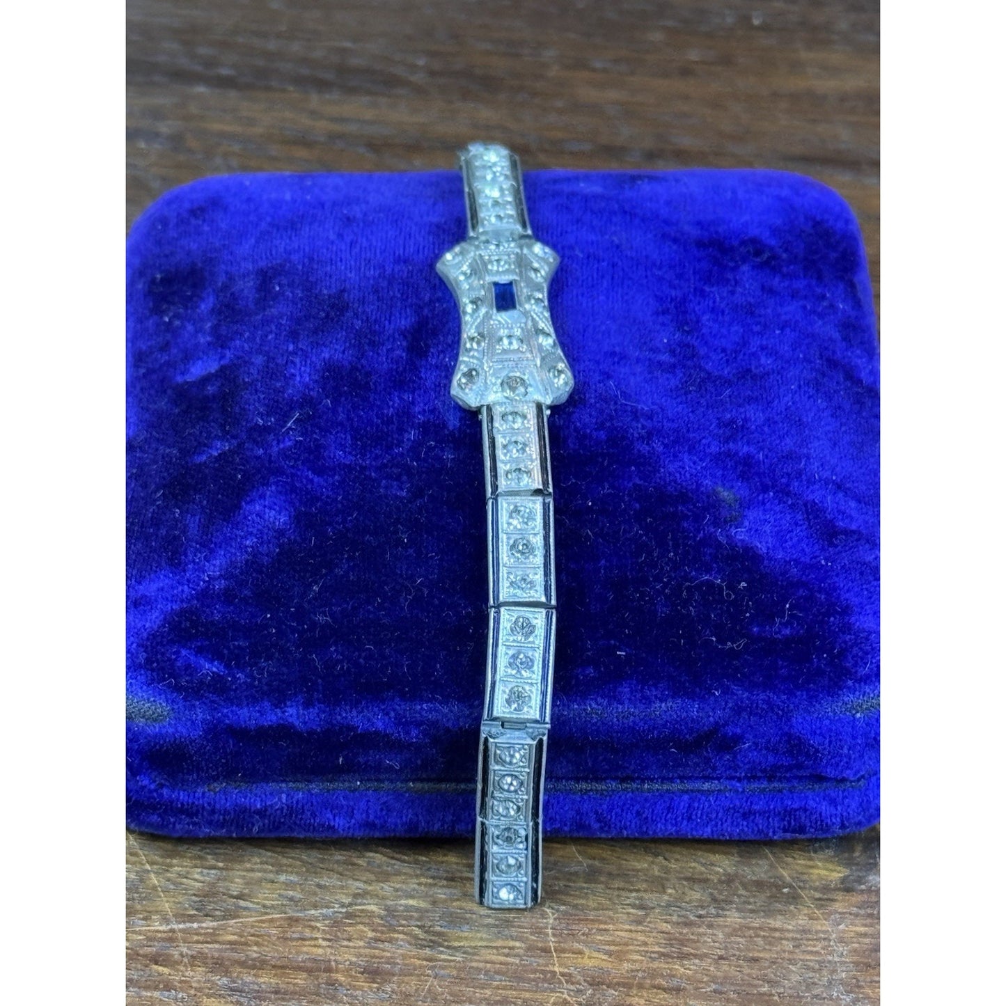 NOV-E-Line Bracelet 6” 1920s Art Deco Silvertone Rhinestone Blue Glass