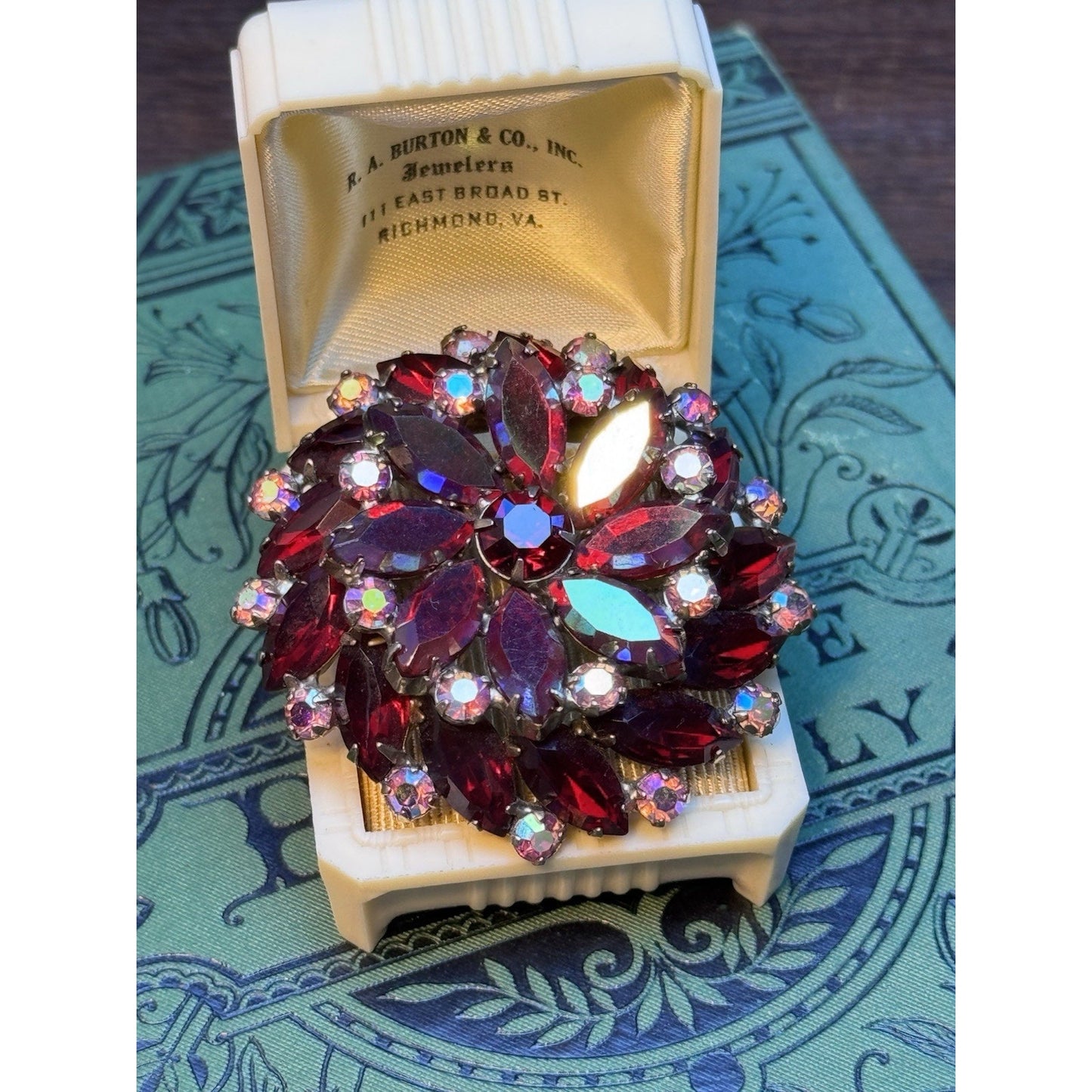 Vintage Garné Brooch Pin Jewelry Red AB Rhinestone Statement Floral Design 2”