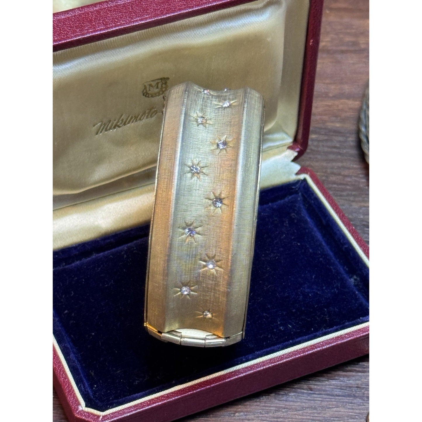 Vintage Schrager Rhinestone Hinged Bangle Bracelet Goldtone Safety Chain 6.5”