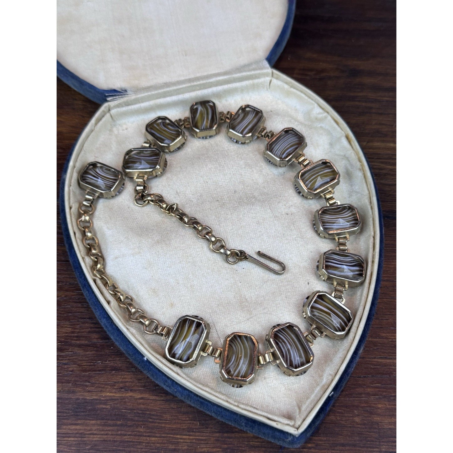 Vintage Goldtone Lucite Faux “Banded Agate” Necklace 16” Oval Panel Statement