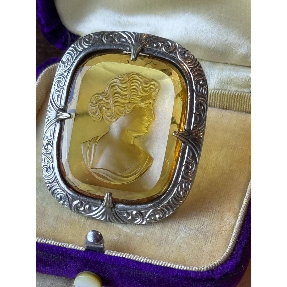 Vintage Cameo Portrait Brooch Pin Silvertone Frame Yellow Cushion Beauty Theme