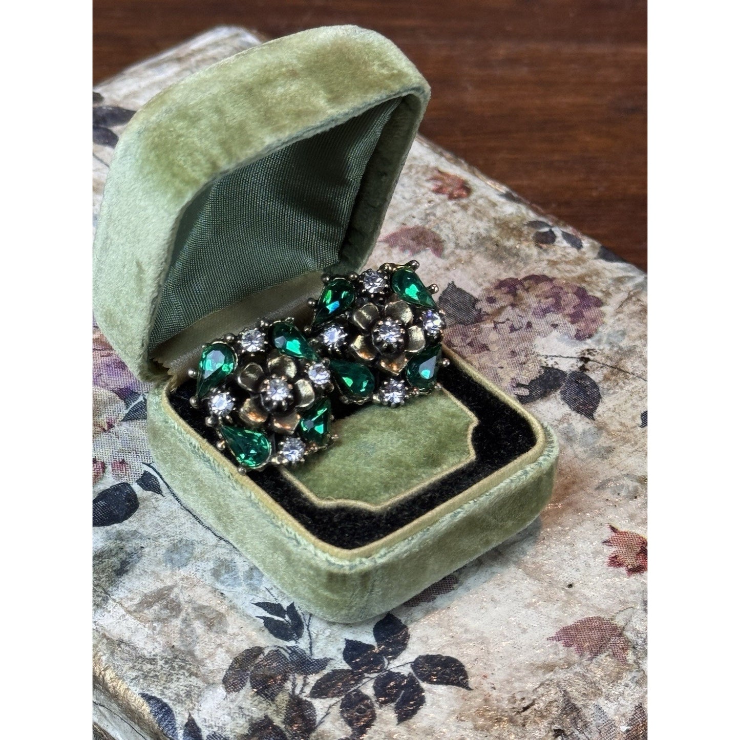 Vintage Rhinestone Clip Earrings Green Flower Floral Statement .75”