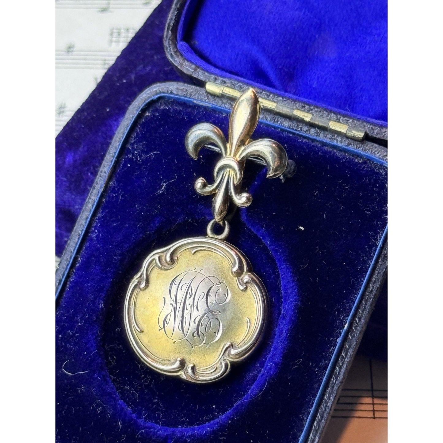 Antique Gold-Filled Locket Fleur De Lys Brooch Pin Monogram Photo 1”