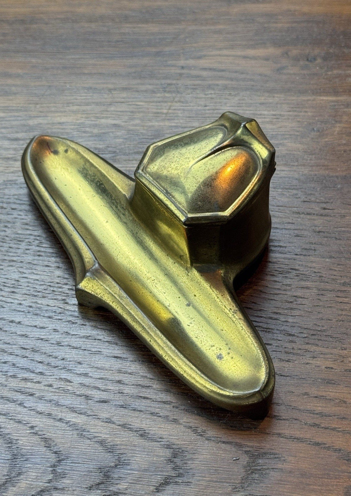 Antique Art Deco Brass Tone Ink Stand Inkwell Pen Tray 6.5” Desk Accessory