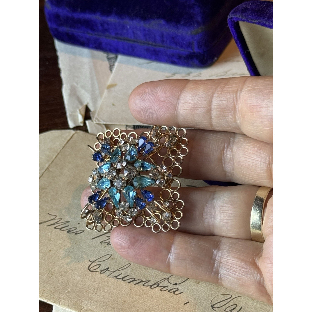 Deri Brooch Pendant Blue Rhinestone Gold Filled SIGNED 2” Vintage