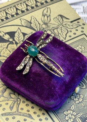 Dragonfly Brooch ART Signed Green Cabochon Rhinestone Goldtone Vintage Pin 1.75”