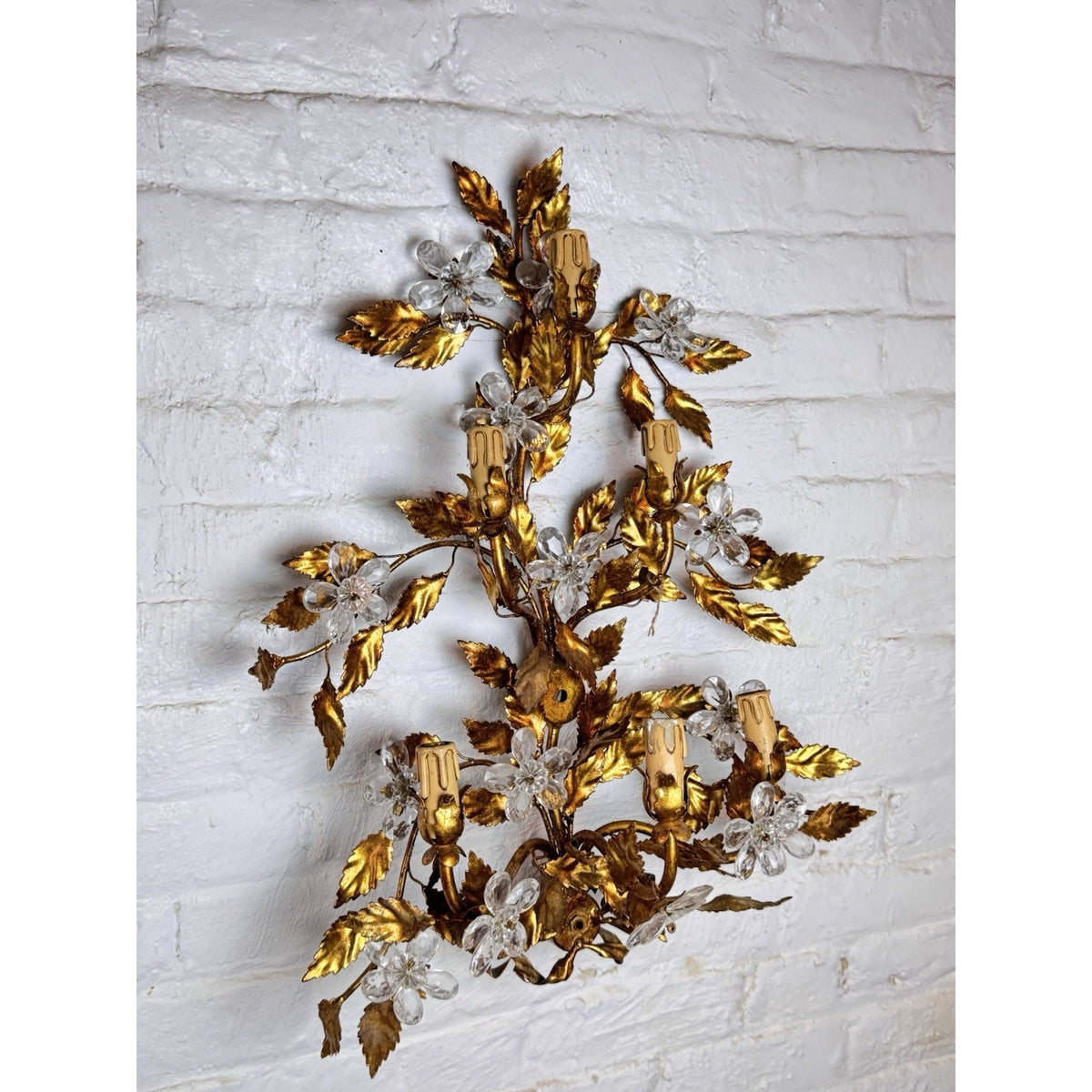 Maison Bagues Style Gilt Tole Wall Sconces Pair 6 Light Crystal Flowers Bow 27”