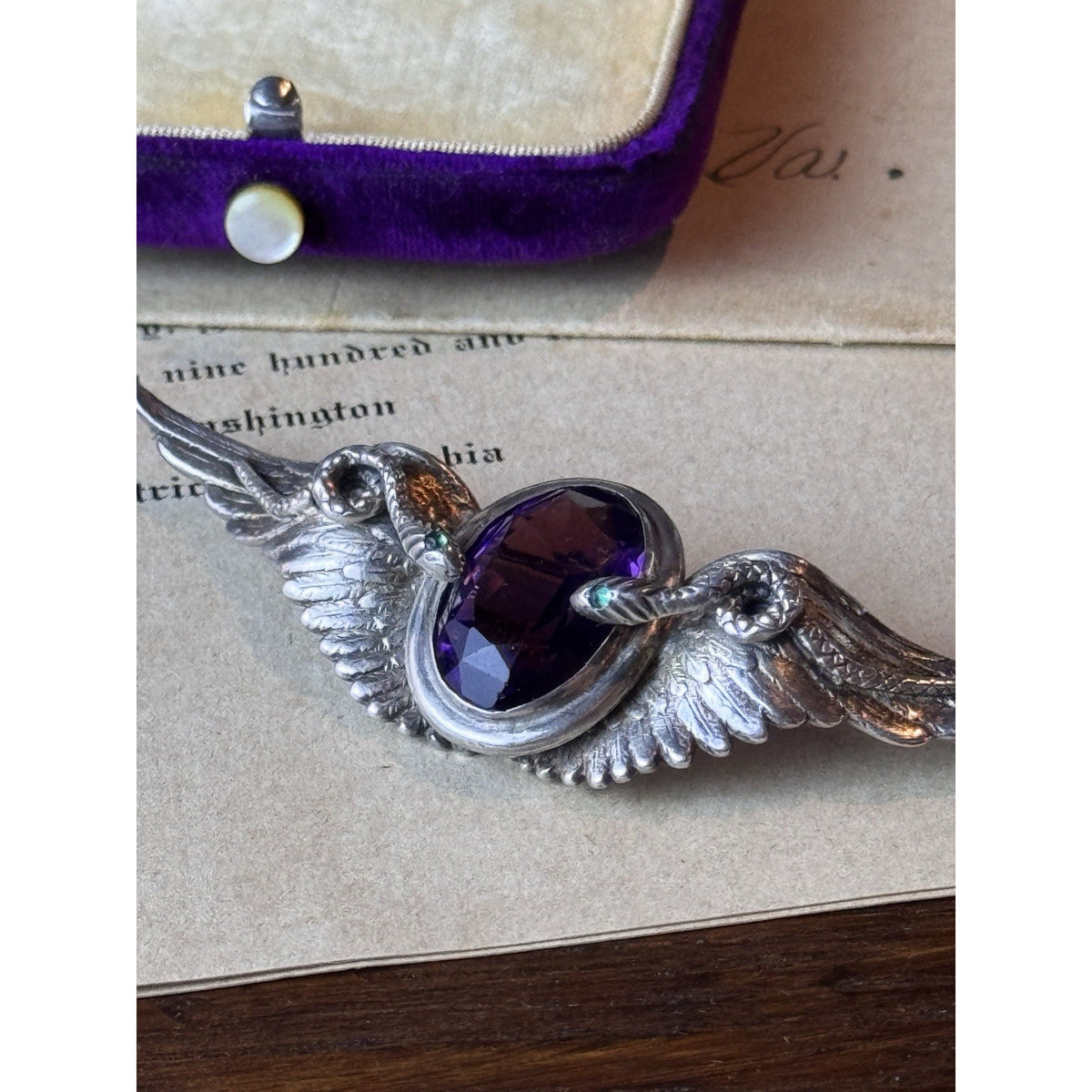 Sterling Isis Brooch Egyptian Revival Purple & Green Stones 3” x .75”