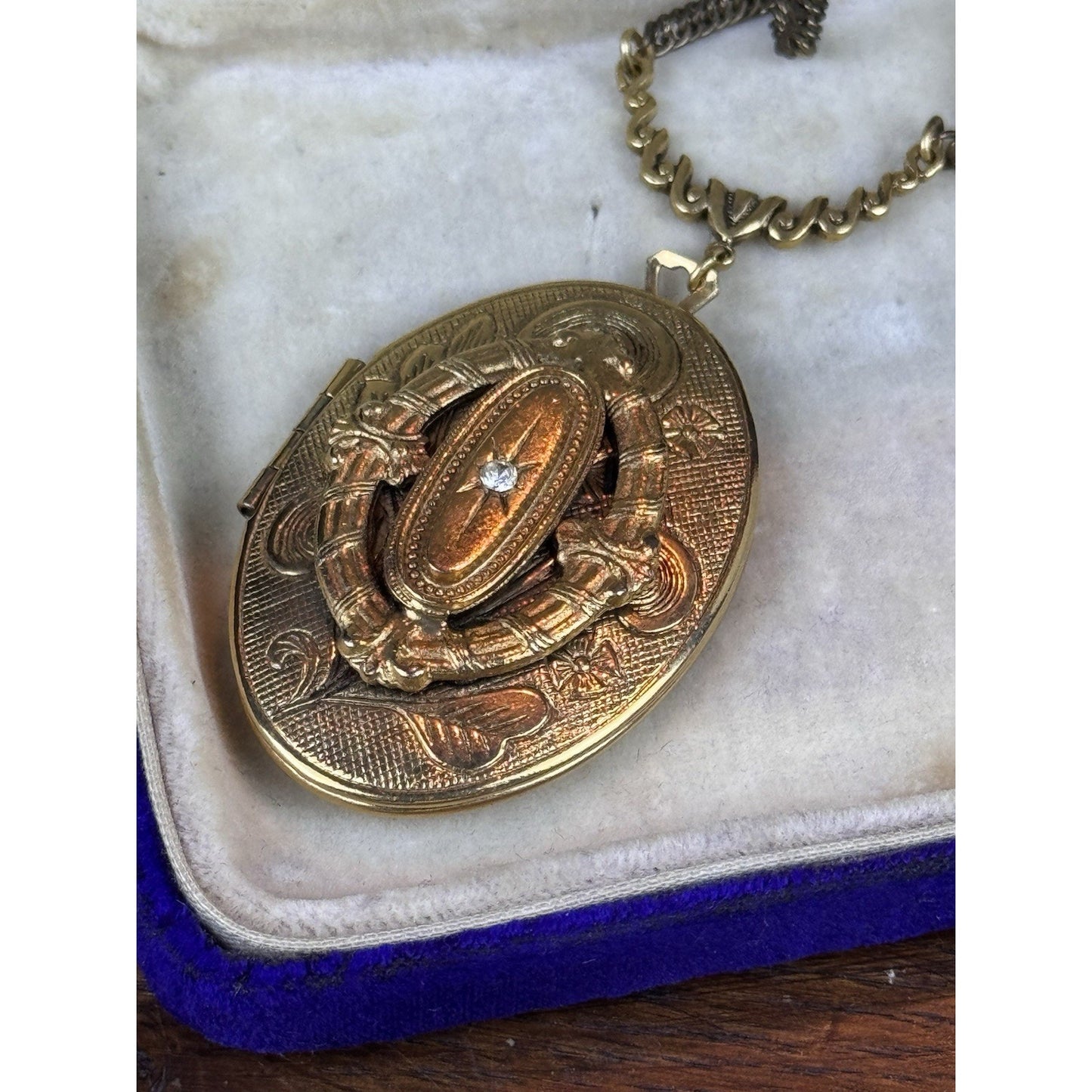 Vintage Goldtone Locket Necklace Rhinestone Floral Victorian Revival 23.5”