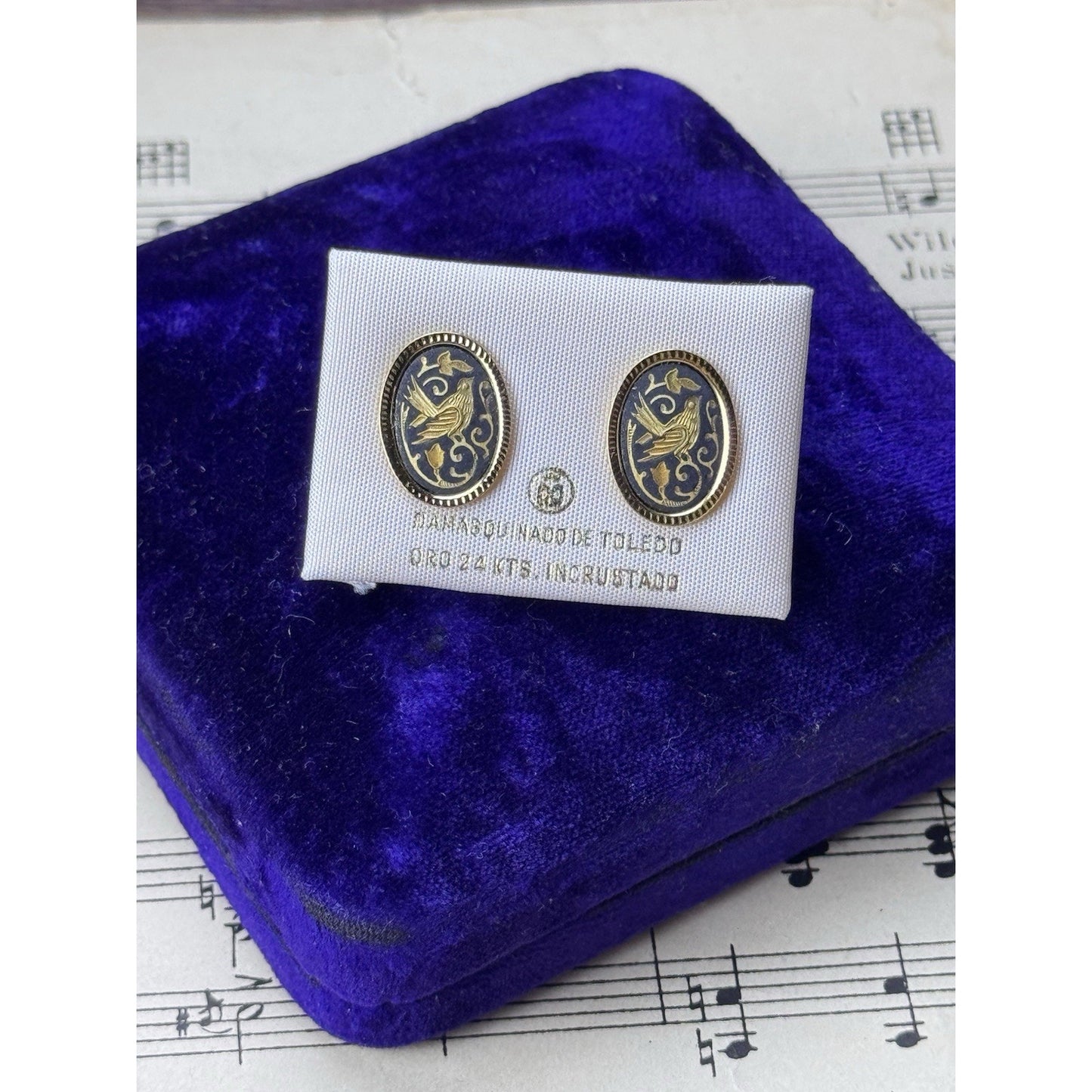 Toledo Damascene Bird Earrings 24K 18K Gold Inlay Spain .75”