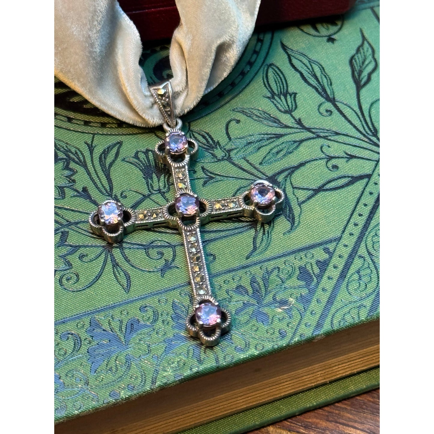 Antique Style Cross Pendant Marcasite Purple Glass Rhinestone Silver Tone 2"