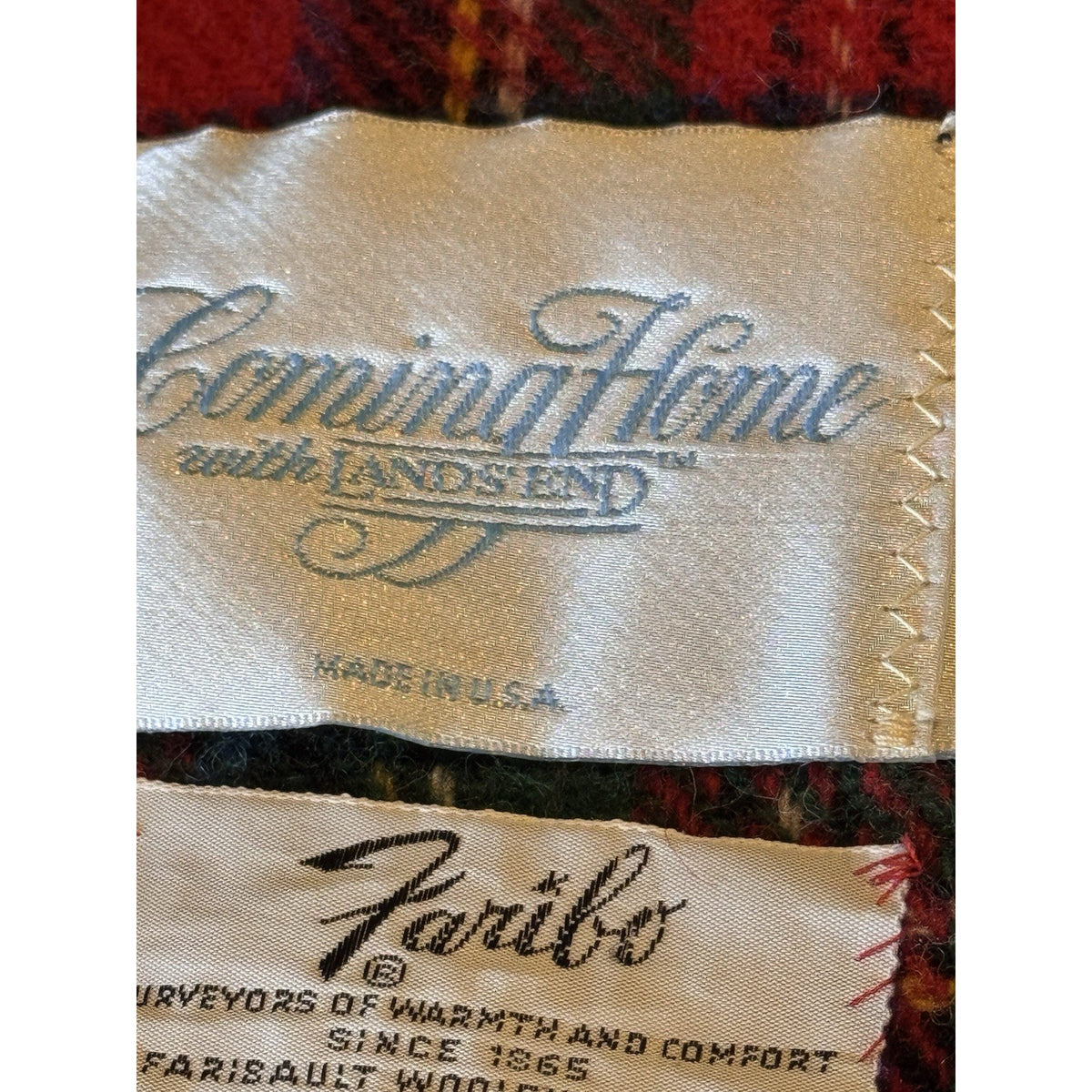 Pure Wool Plaid Throw Blanket Faribo Lands End Red Tartan Fringe 66” X 52” Vintage
