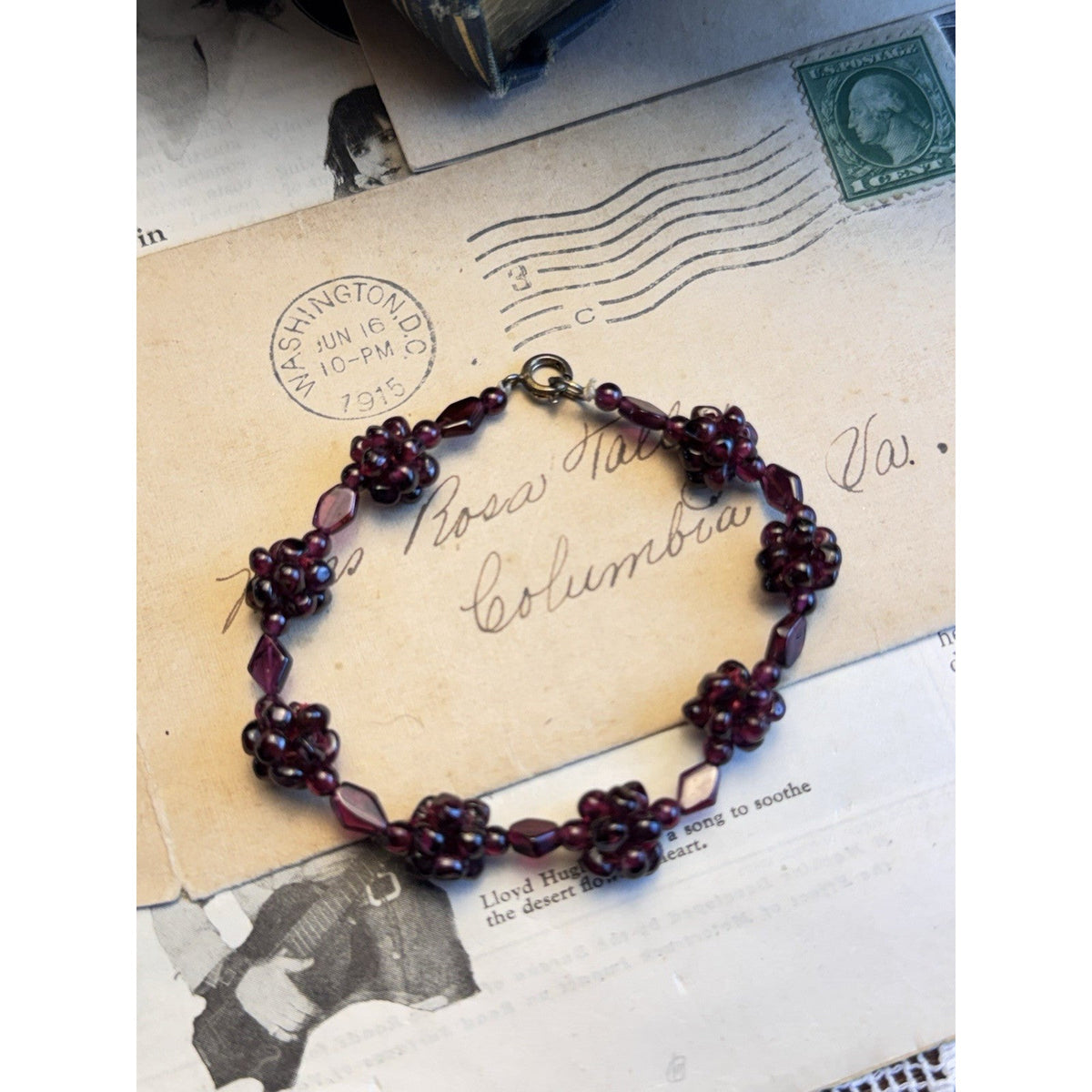 Garnet Bead Bracelet Flower Clusters Deep Red Shaped Beads 6.75”
