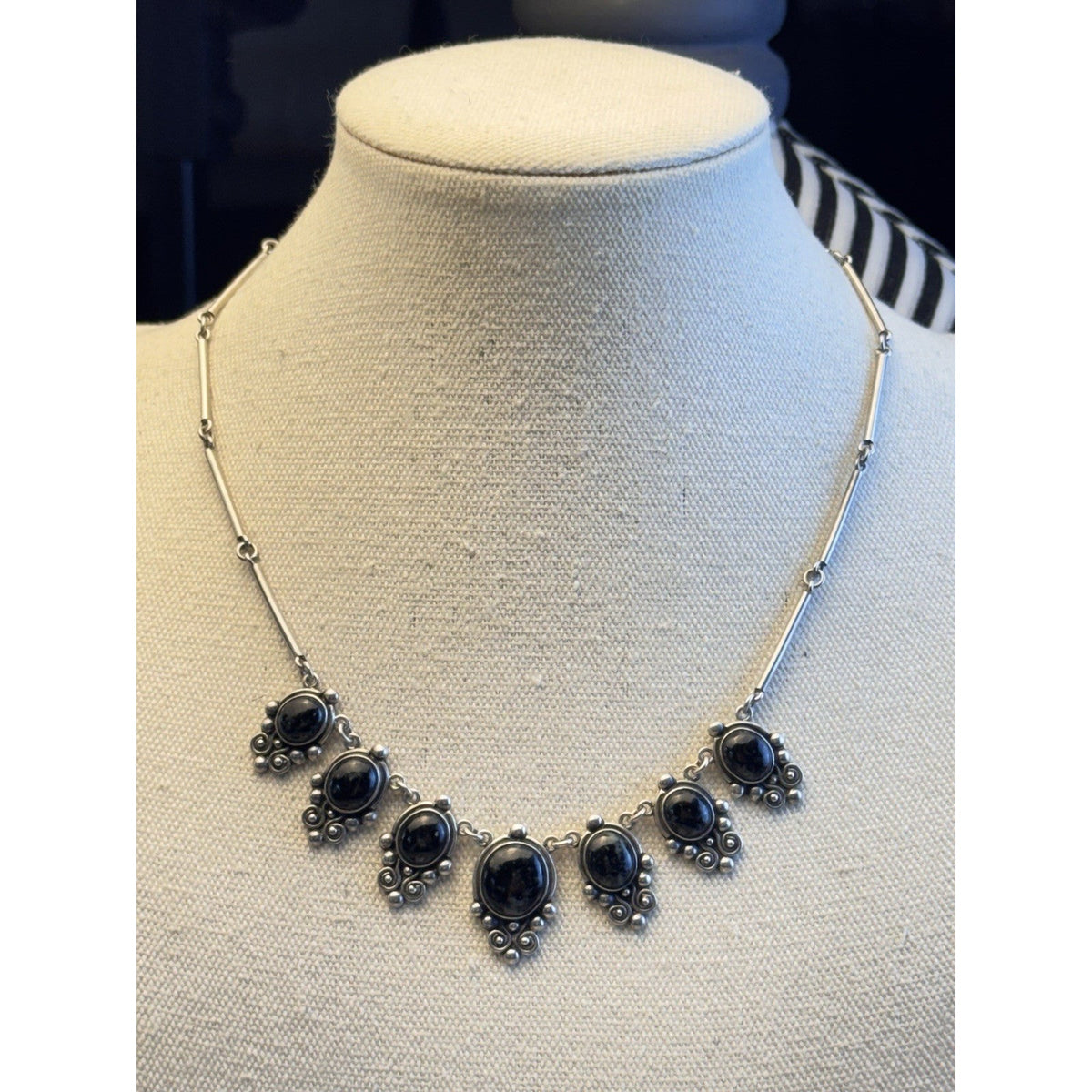 925 Silver Necklace Black Speckled Stone Cabochons Scrollwork Bar Link