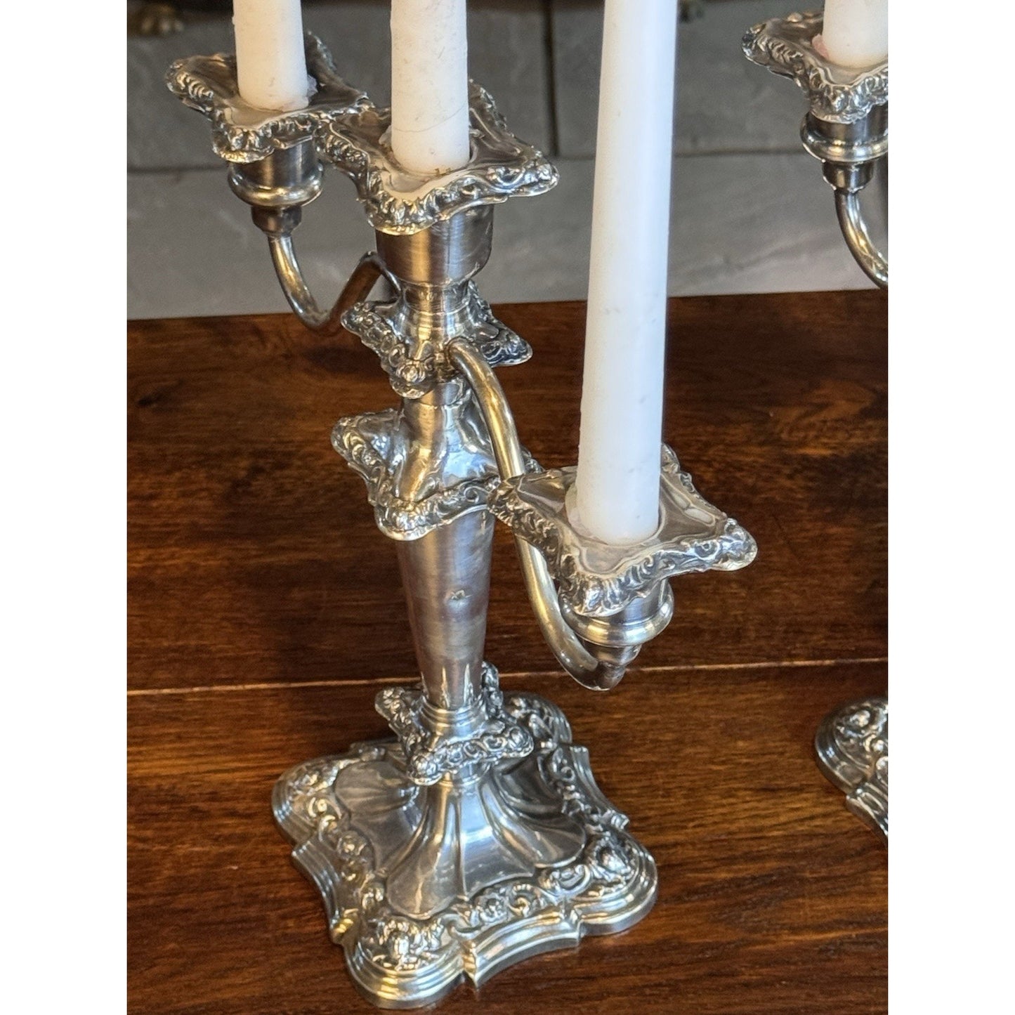 Silverplate Candelabra Pair Antique Repoussé 3-Light Ornate 12”h DENTS