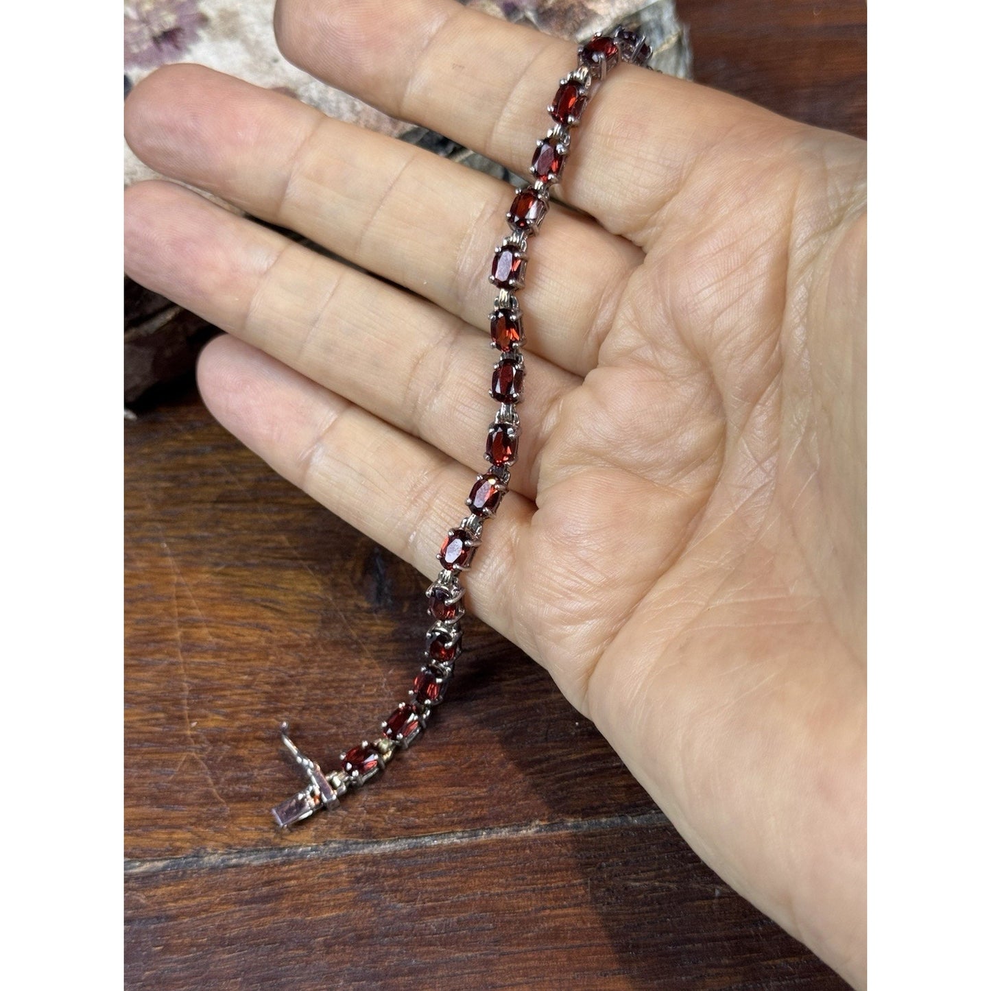 925 Sterling Silver Red Stone Tennis Bracelet Oval Stones 7”