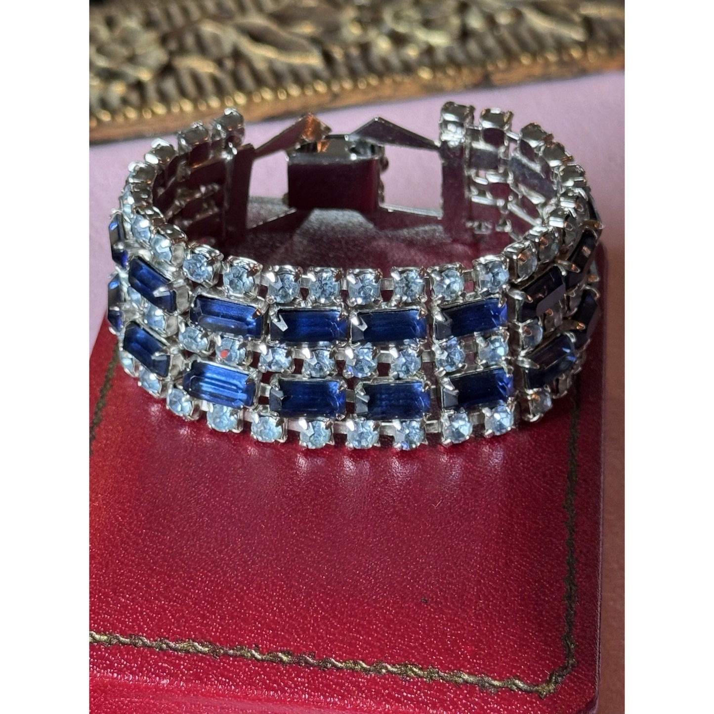 Vintage Bracelet Blue Rhinestone 5 Rows-3 Ice Blue 2 Dark Blue Silvertone 6”