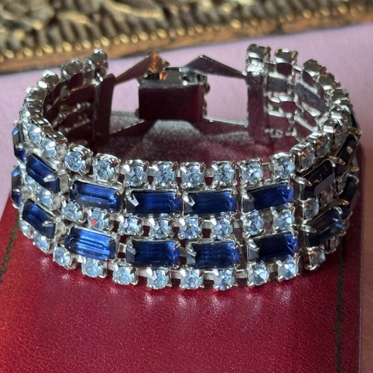Vintage Bracelet Blue Rhinestone 5 Rows-3 Ice Blue 2 Dark Blue Silvertone 6”