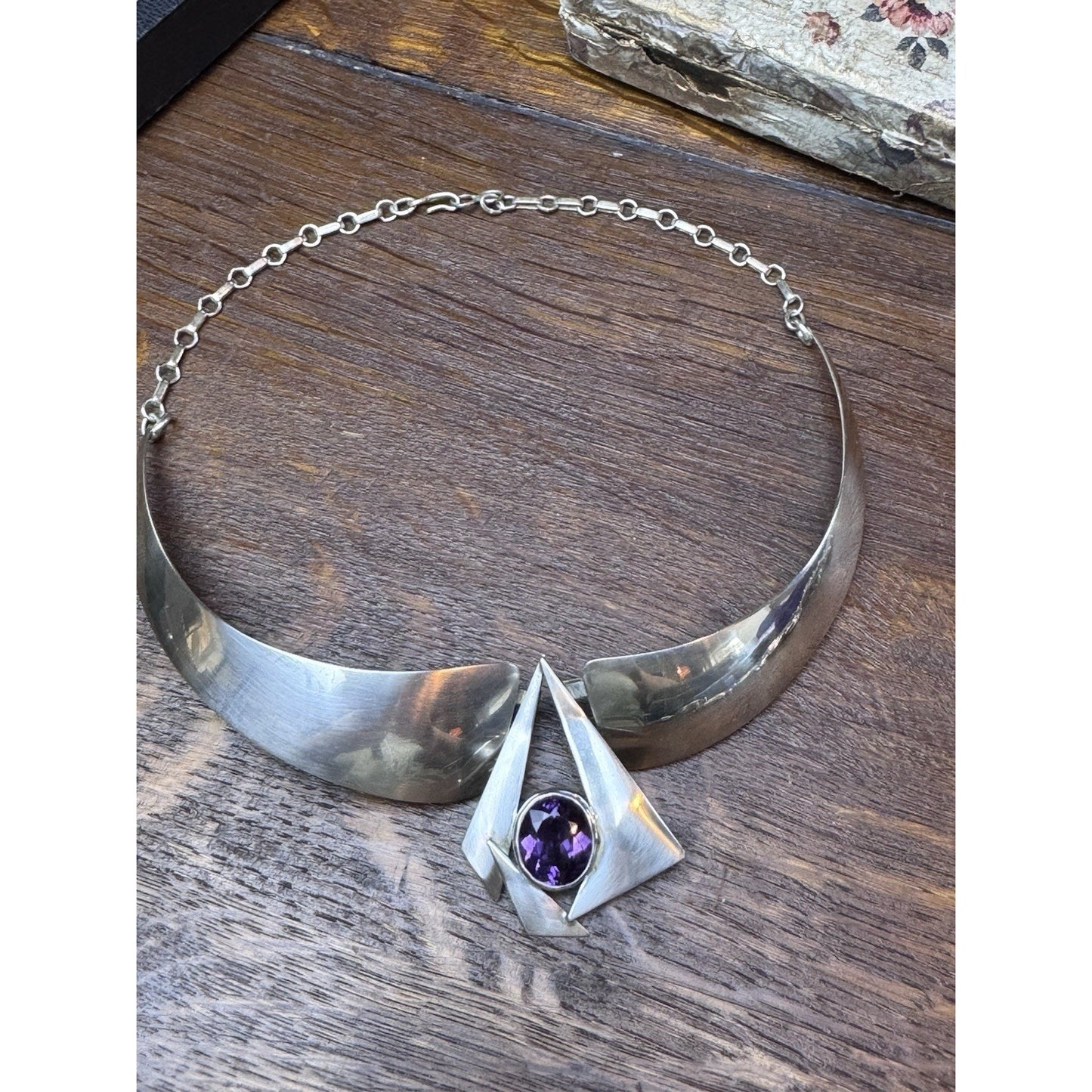Vintage SUNRISE Necklace Sterling Southwestern Purple Stone Collar 16.5”