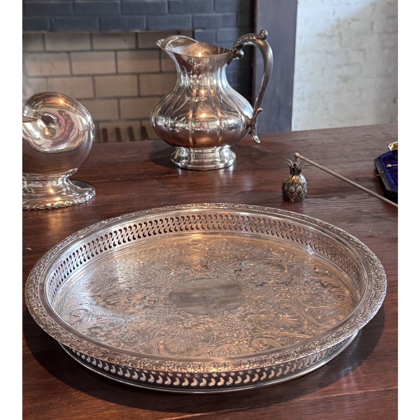Silverplate Gallery Tray 12” Round Camelot Pattern IS Silver Ornate Serving Tray