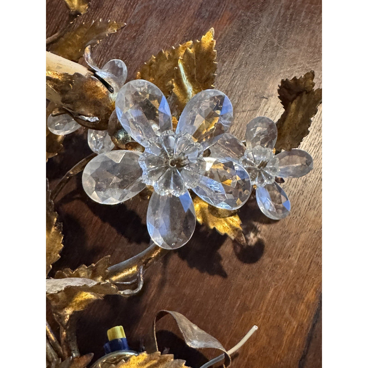 Maison Bagues Style Gilt Tole Wall Sconces Pair 6 Light Crystal Flowers Bow 27”