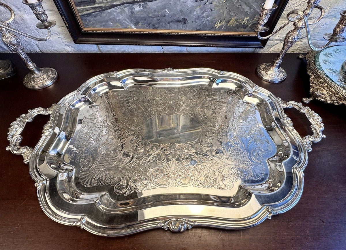 LARGE Silverplate Tray Sheffield Reproduction 31” Chased Ornate Handles