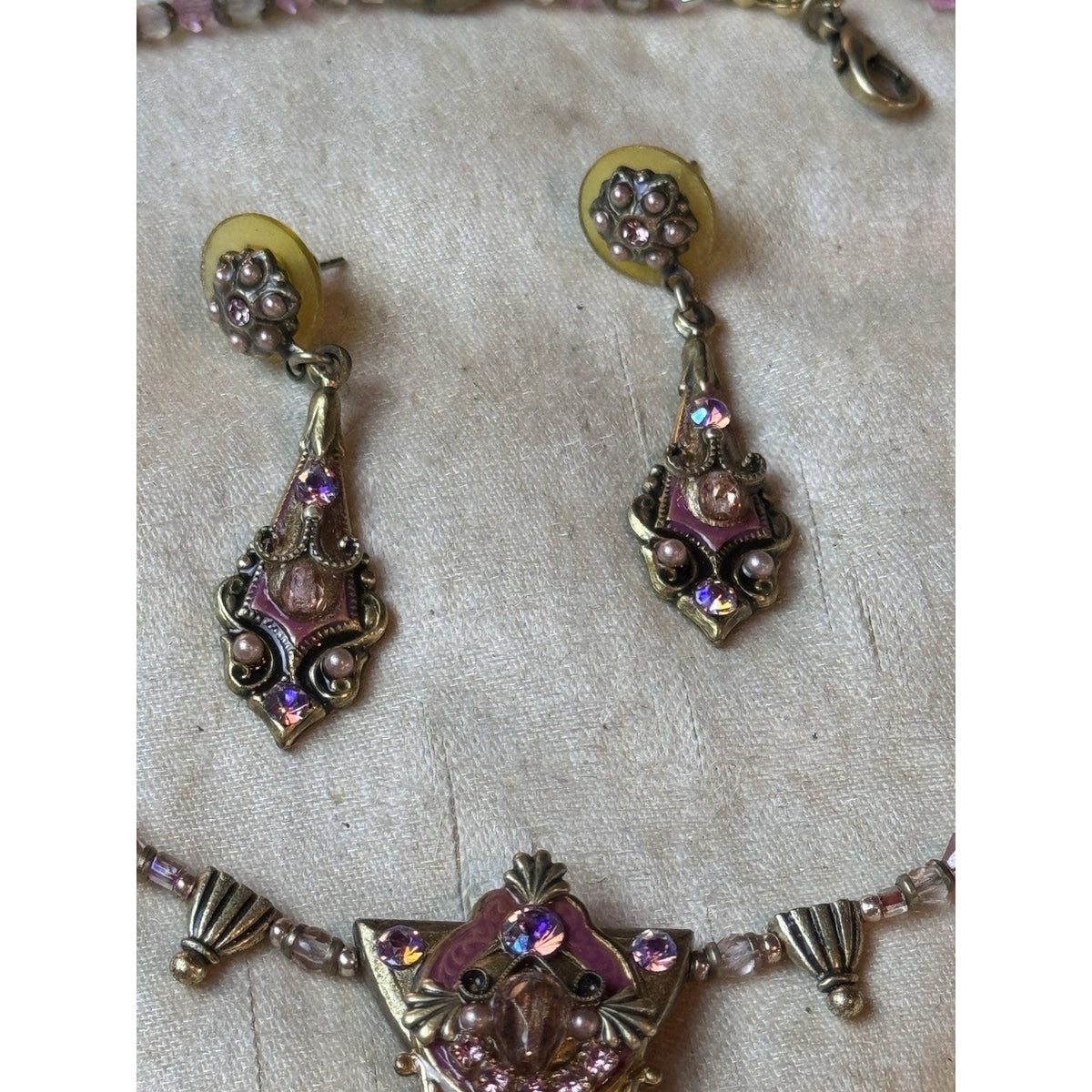 Michal Golan Necklace Earring Set Pink Rhinestone Beaded Goldtone Vintage 19”