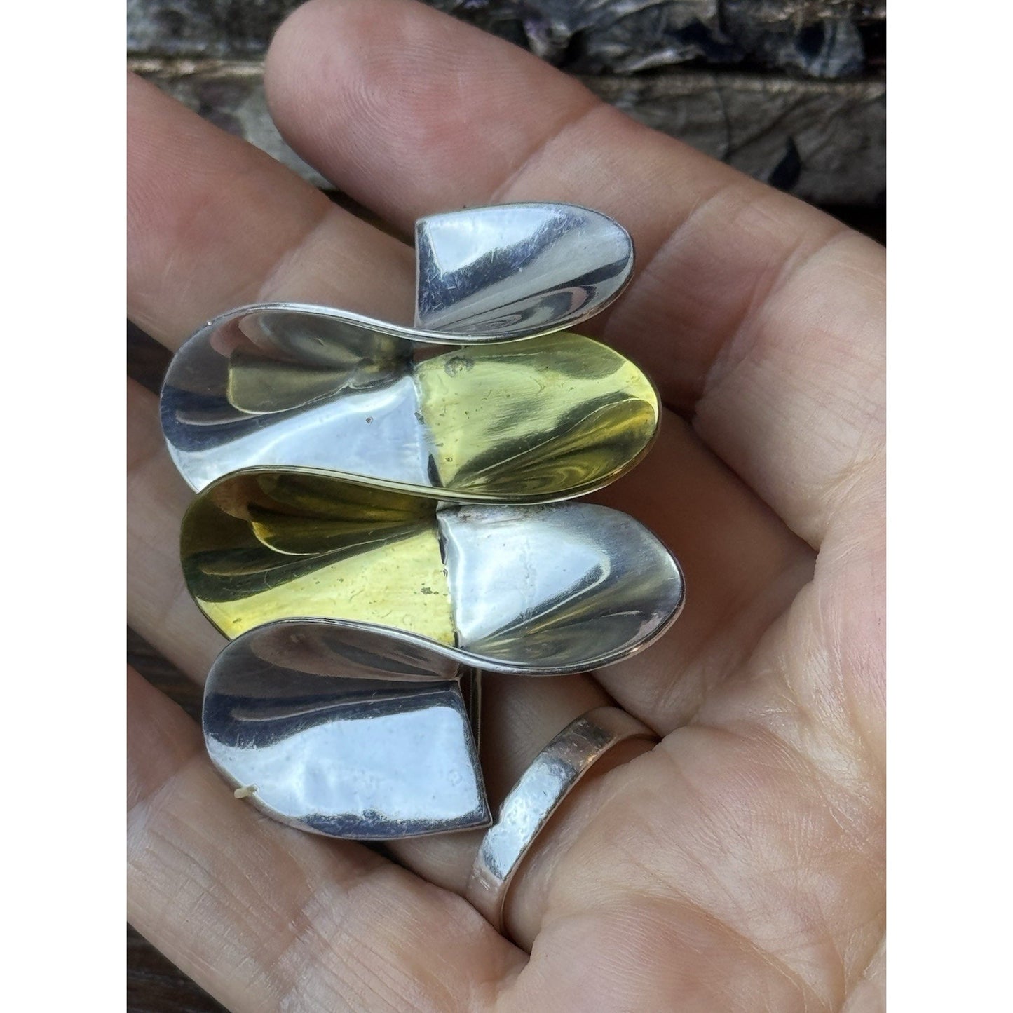 Modernist Sterling Silver Vermeil Brooch Mexico 925 Abstract Pin 2” Vintage