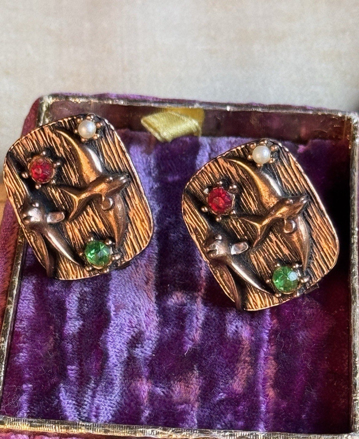 Coppertone Earrings Flying Fish STYLE MCM Clip On Rhinestone Faux Pearl 1”