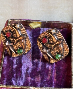 Coppertone Earrings Flying Fish STYLE MCM Clip On Rhinestone Faux Pearl 1”