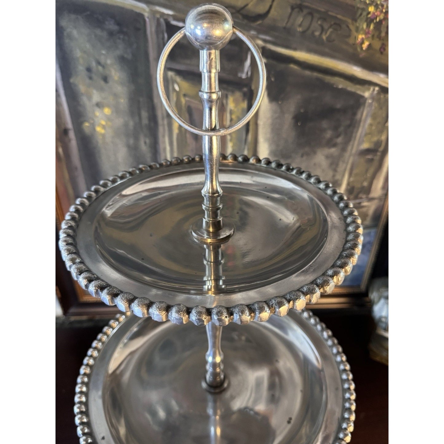 Three Tier Serving Stand Silvertone Beaded Edge Centerpiece Display 26”