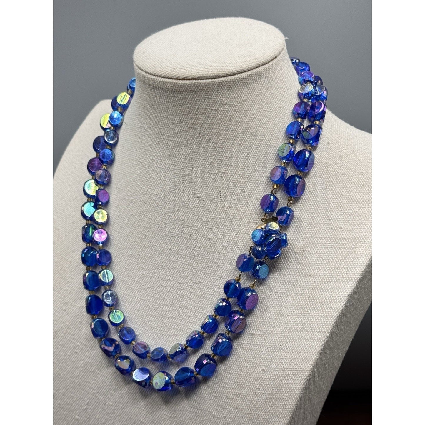 Vintage Blue Lucite AB Bead Necklace Double Strand Faceted Beads 19.5”
