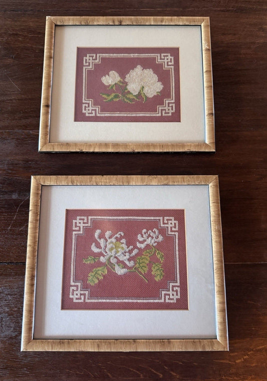 Pair Vintage Floral Cross Stitch Framed Needlepoint Wall Art Cottage Decor
