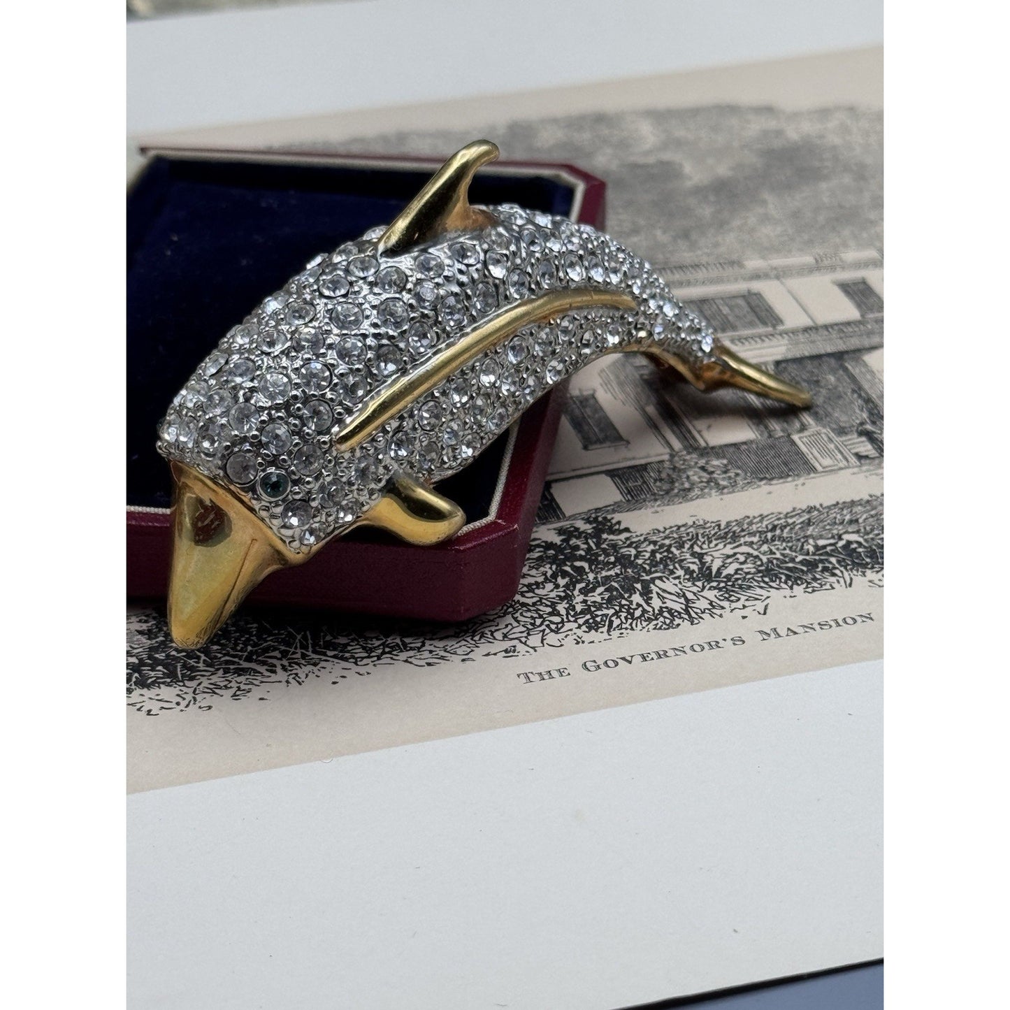 Shoulder Brooch Dolphin Rhinestone Goldtone Pavé Crystal Figural 3.75” VINTAGE