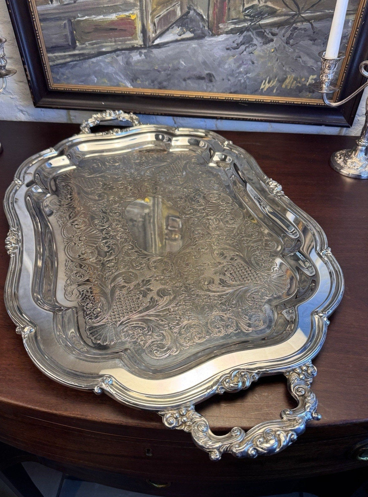 LARGE Silverplate Tray Sheffield Reproduction 31” Chased Ornate Handles