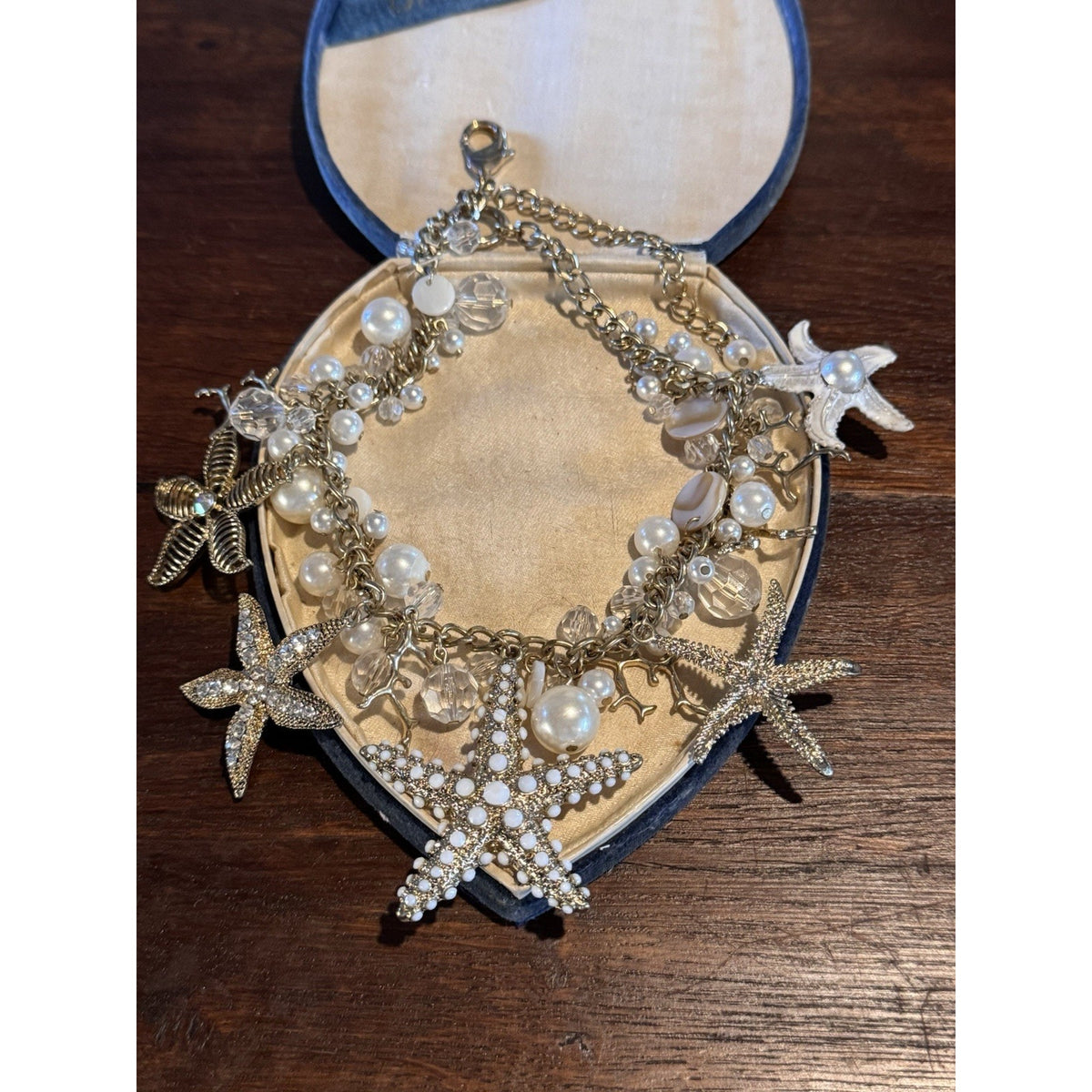 Goldtone Ocean Charm Necklace Starfish Faux Pearl Crystal Statement 19.5”