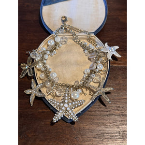 Goldtone Ocean Charm Necklace Starfish Faux Pearl Crystal Statement 19.5”