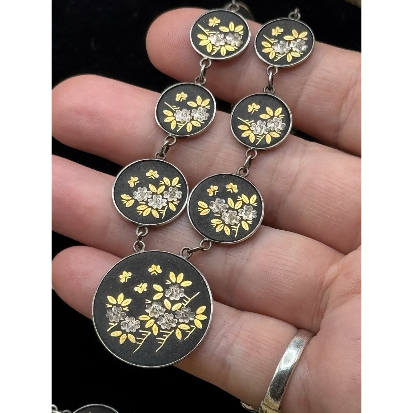 Japanese Damascene Necklace Set Silver Bracelet Earrings Floral Vintage