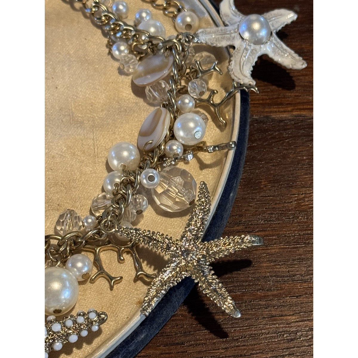 Goldtone Ocean Charm Necklace Starfish Faux Pearl Crystal Statement 19.5”