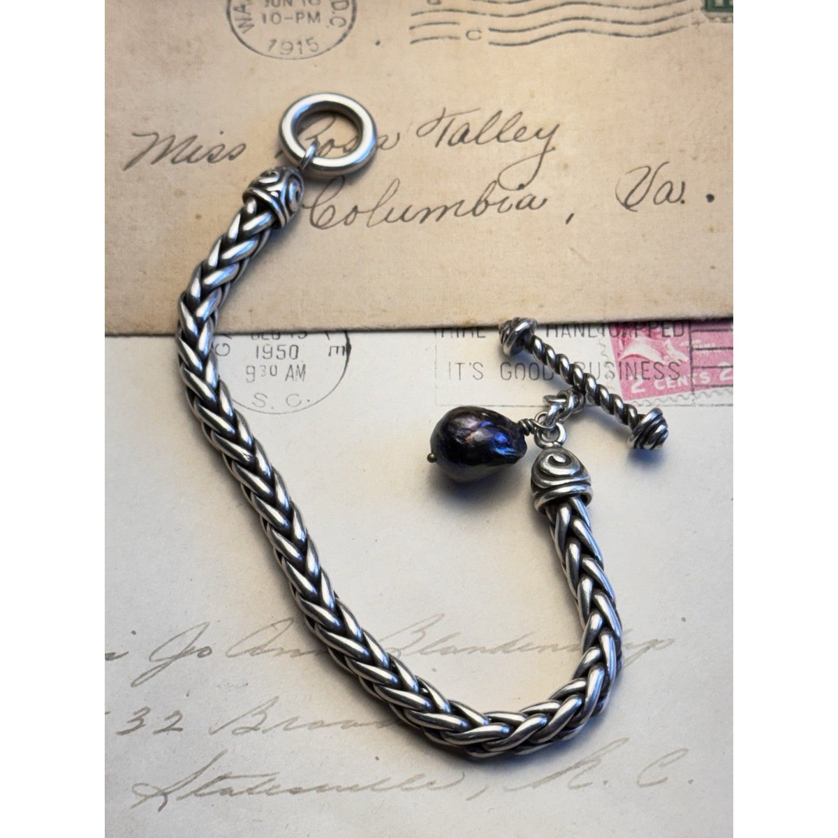 ZINA Sterling Bracelet Braided Chain 925 Toggle Black Baroque Pearl 6.75”